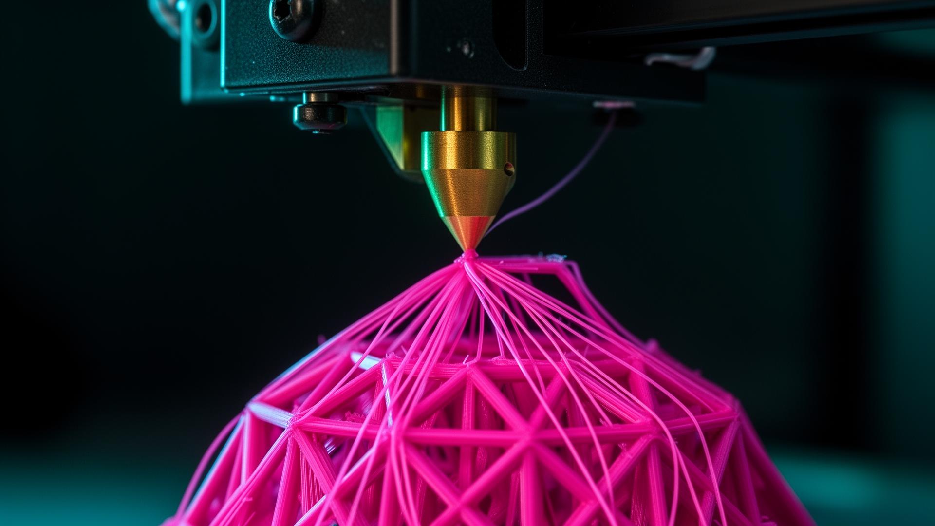 3D printer nozzle printing a small object in neon pink filament